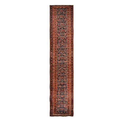 3'4"X16'3" Navy Blue Antique Zoroastrian Rug Pure Wool Hand Knotted Runner