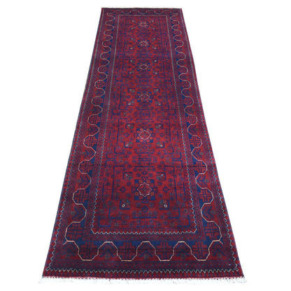 2'8"X9'6" Red Tribal Design Hand Knotted Afghan Khamyab Wool Runner Rug