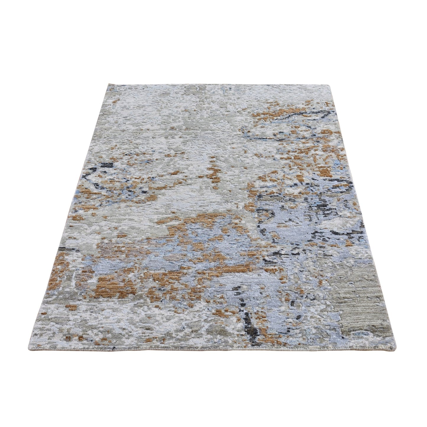 2'10"X5'1" Abstract Design Wool And Silk Hi-Low Pile Hand Knotted Rug
