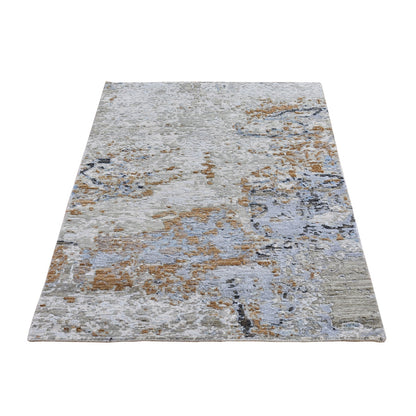 2'10"X5'1" Abstract Design Wool And Silk Hi-Low Pile Hand Knotted Rug