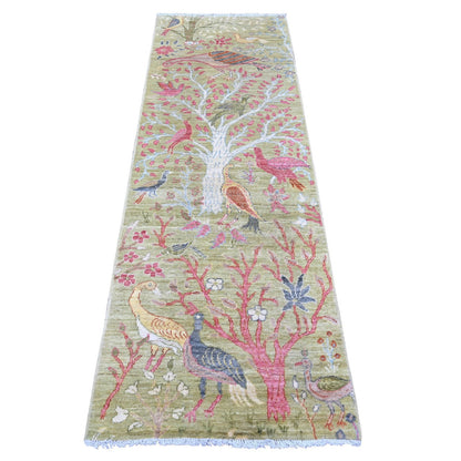 2'6"X7'8" Green Soft Wool Rug Birds Of Paradise Design Hand Knotted Runner