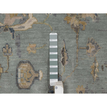 8'7"X12' Silt Green Pure Wool Rug Oushak With Leaf Pattern Hand Knotted