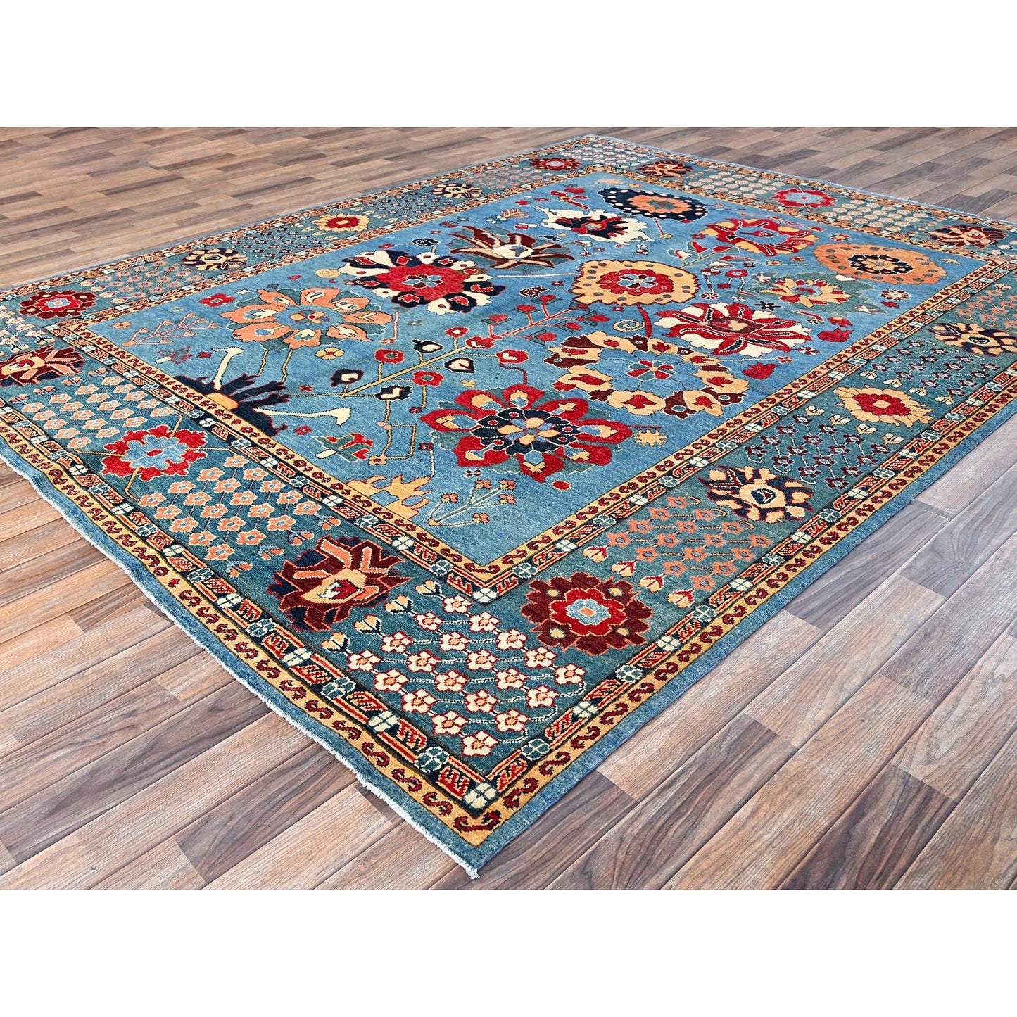 8'X10'4" Blue Wool Rug Afghan Peshawar Heris All Over Design Hand Knotted