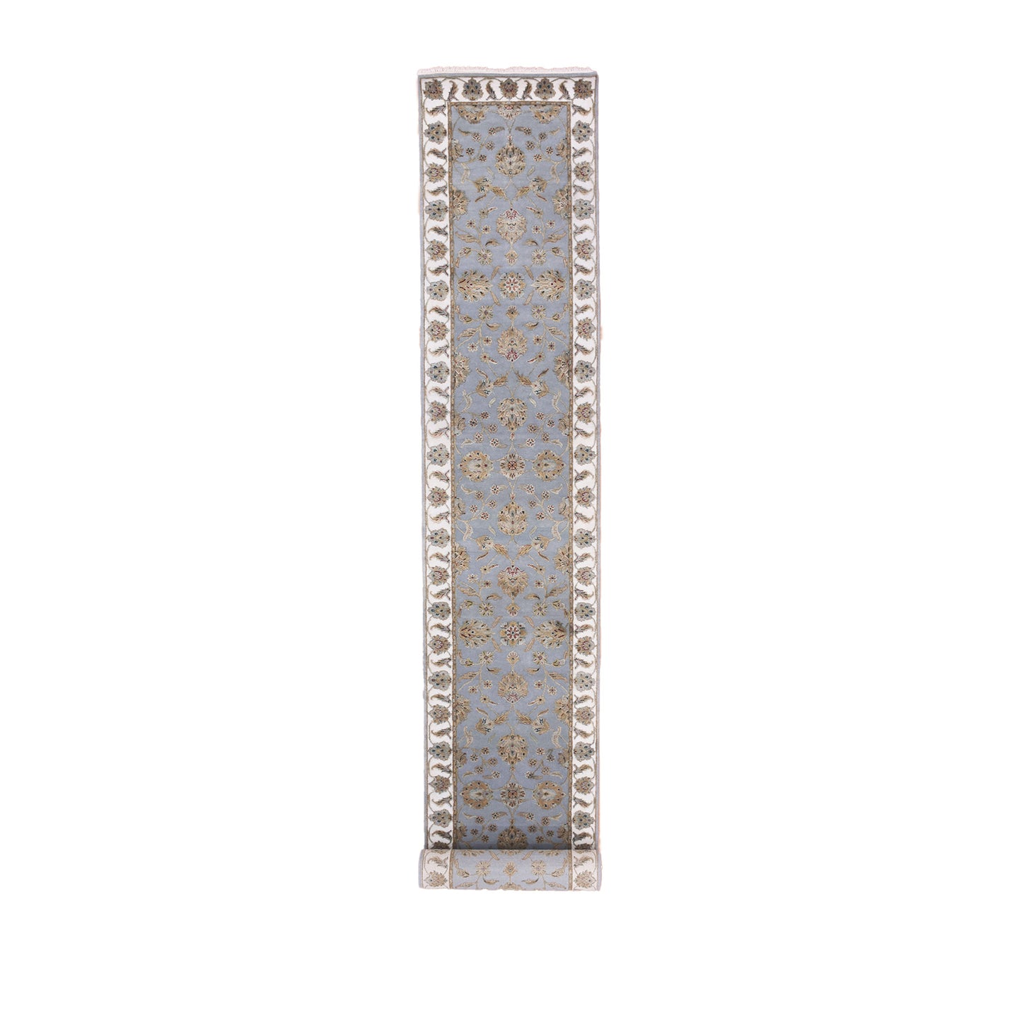 2'7"X18'8" Santorini Blue Rajasthan Hand Knotted Wool Silk Xl Runner Rug