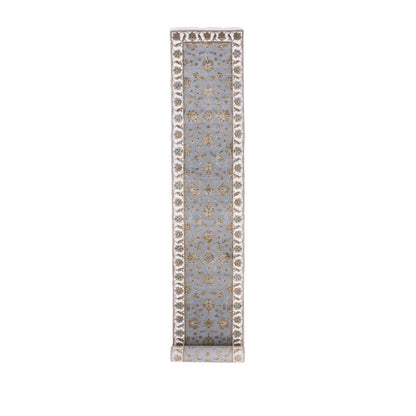 2'7"X18'8" Santorini Blue Rajasthan Hand Knotted Wool Silk Xl Runner Rug