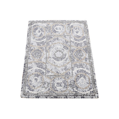 2'2"X2'10" Gray Silken Roman Mosaic Design Hand Knotted Sample Mat Rug