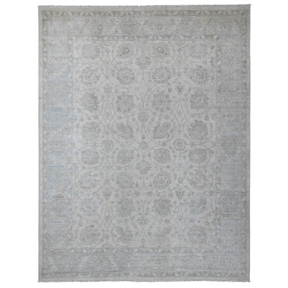 9'2"X11'10" White Washed Out Peshawar Leaf Design Hand Knotted Wool Rug