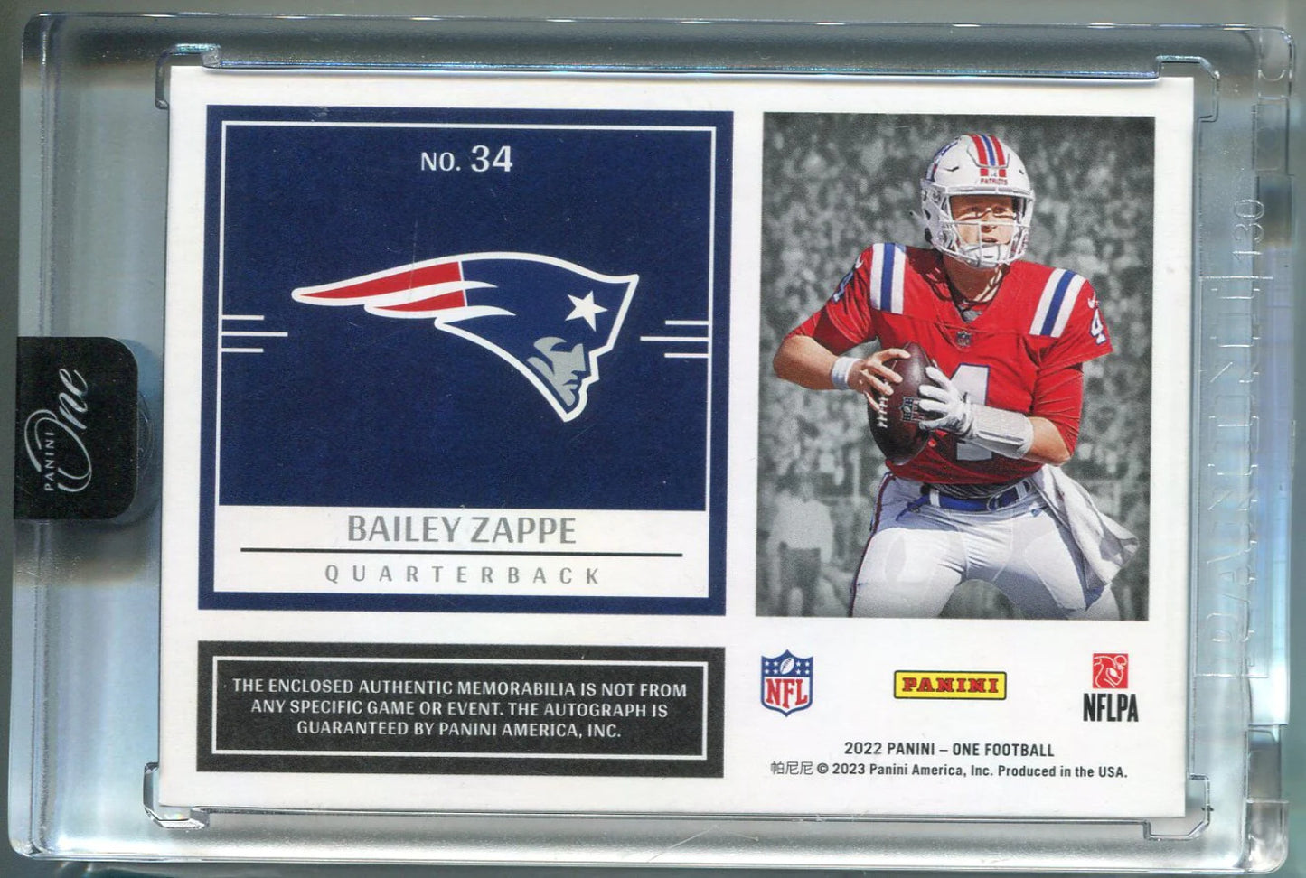 Bailey Zappe Autographed 2022 Panini One Dual