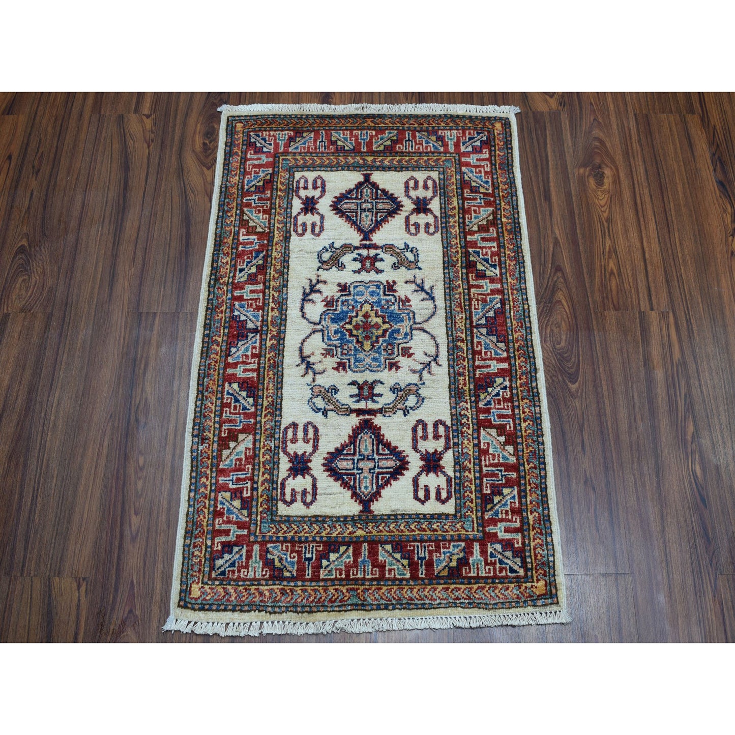 2'1"X3'2" Ivory Super Kazak Pure Wool Geometric Design Handmade Rug
