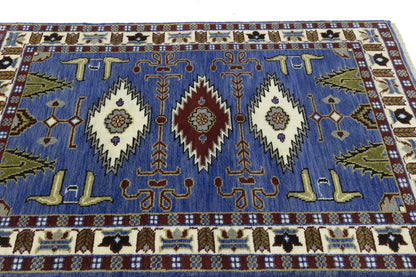 Hand-Knotted Kazak Oriental Rug 4X6 Ft Blue