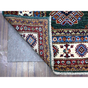 6'X9' Green Hand Knotted Super Kazak Tribal Medallions Wool Oriental Rug