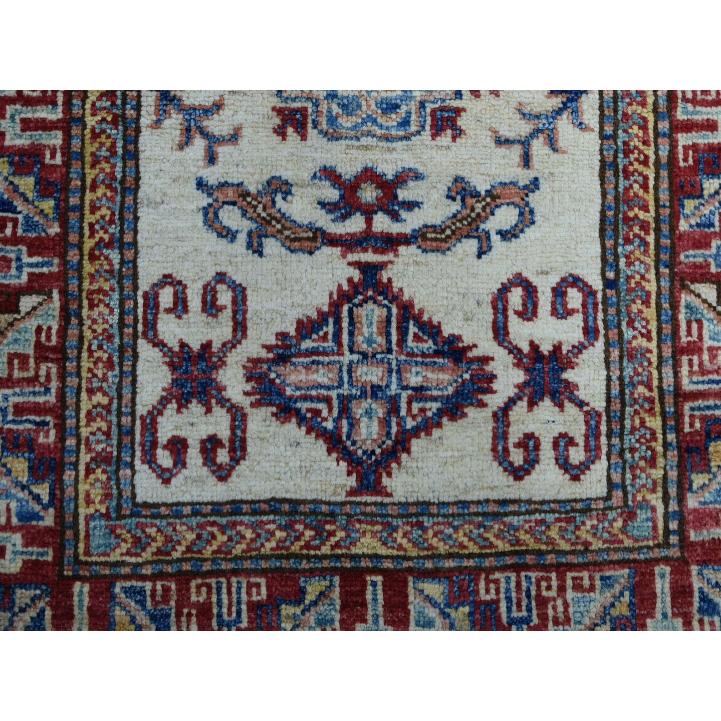 2'2"X3'1" Ivory Super Kazak Pure Wool Geometric Design Handmade Rug