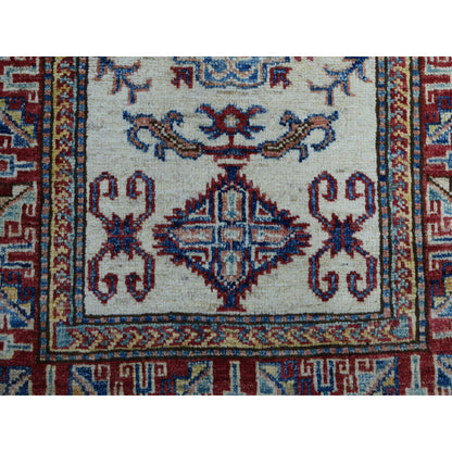 2'2"X3'1" Ivory Super Kazak Pure Wool Geometric Design Handmade Rug