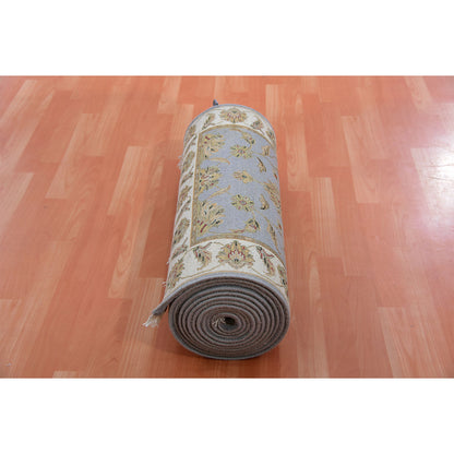 2'7"X18'8" Santorini Blue Rajasthan Hand Knotted Wool Silk Xl Runner Rug