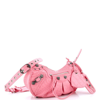 Balenciaga Le Cagole Giant Studs Shoulder Bag Crocodile Embossed Leather Small