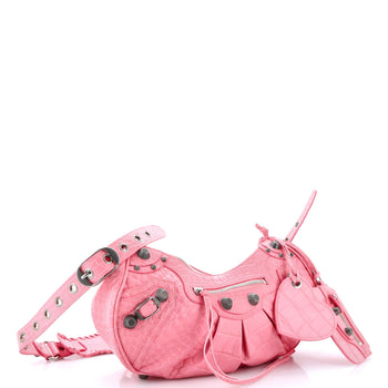 Balenciaga Le Cagole Giant Studs Shoulder Bag Crocodile Embossed Leather Small