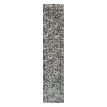 2'7"X12'2" Hand Loomed Gray Fine Jacquard Wool And Silk Runner Rug