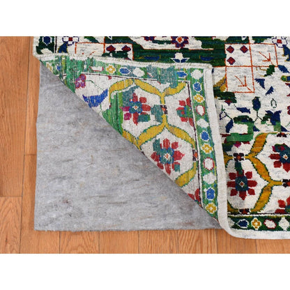 9'X12'1" Ivory Sari Silk Colorful Mamluk Design Hand Knotted Rug