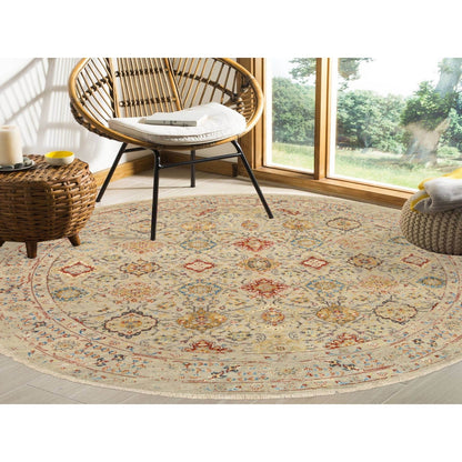 8'9"X8'9" Beige Wool And Pure Silk Hand Knotted Oriental Round Rug