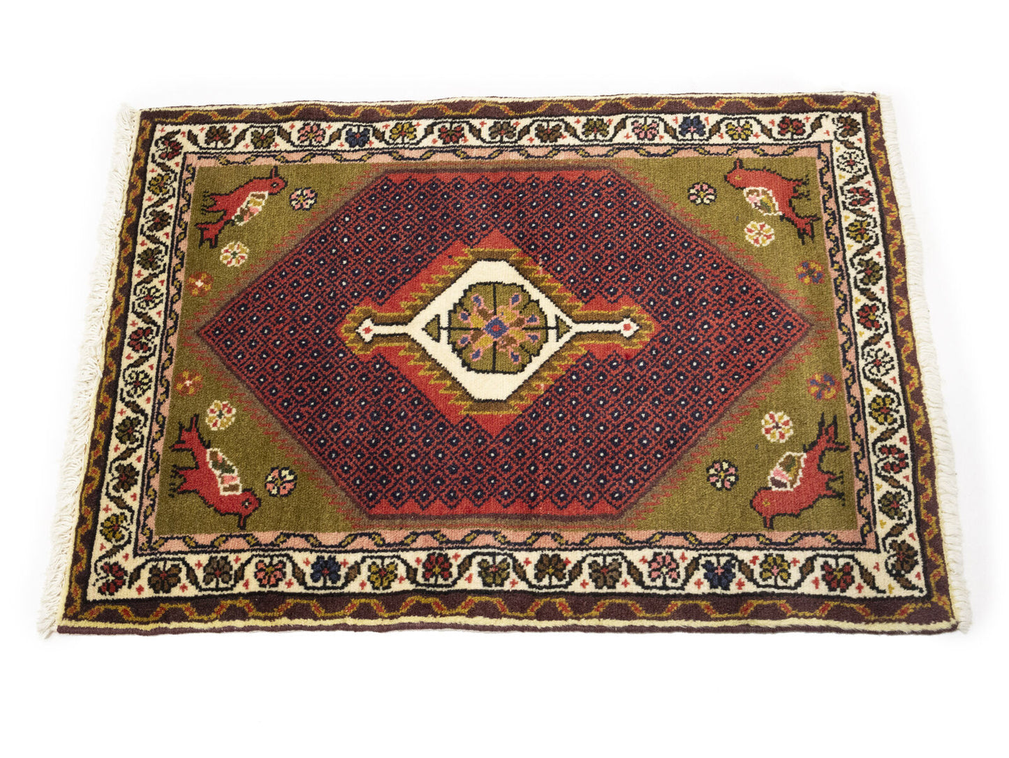 2X3 Ft Hand-Knotted Oriental Rug Animal Floral
