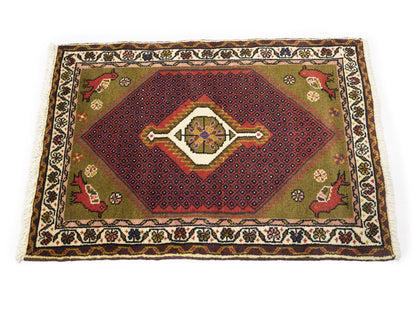 2X3 Ft Hand-Knotted Oriental Rug Animal Floral