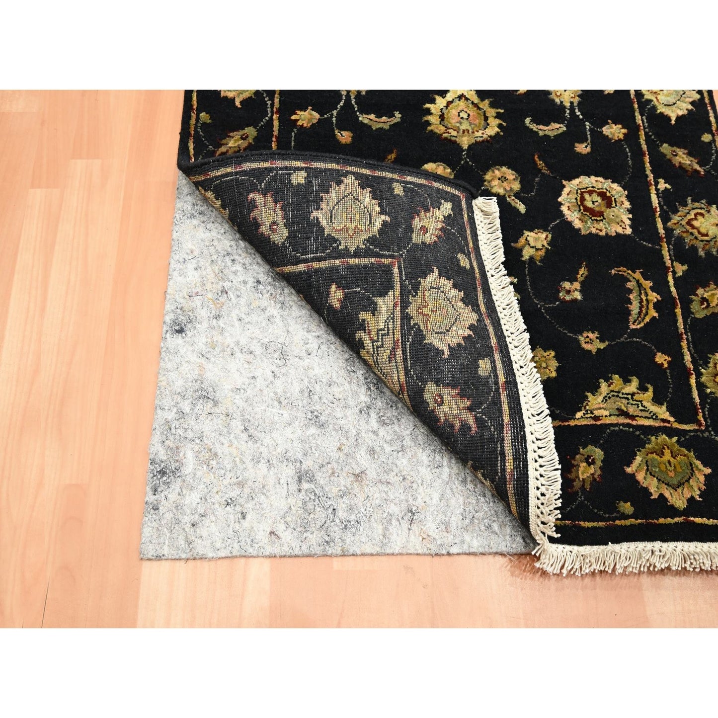 2'7"X12'3" Black Hand Knotted Wool-Silk Rajasthan Leaf Design Runner Rug