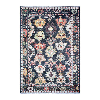 6'7"X9'5" Black Afghan Angora Oushak Pop Of Color Wool Hand Knotted Rug