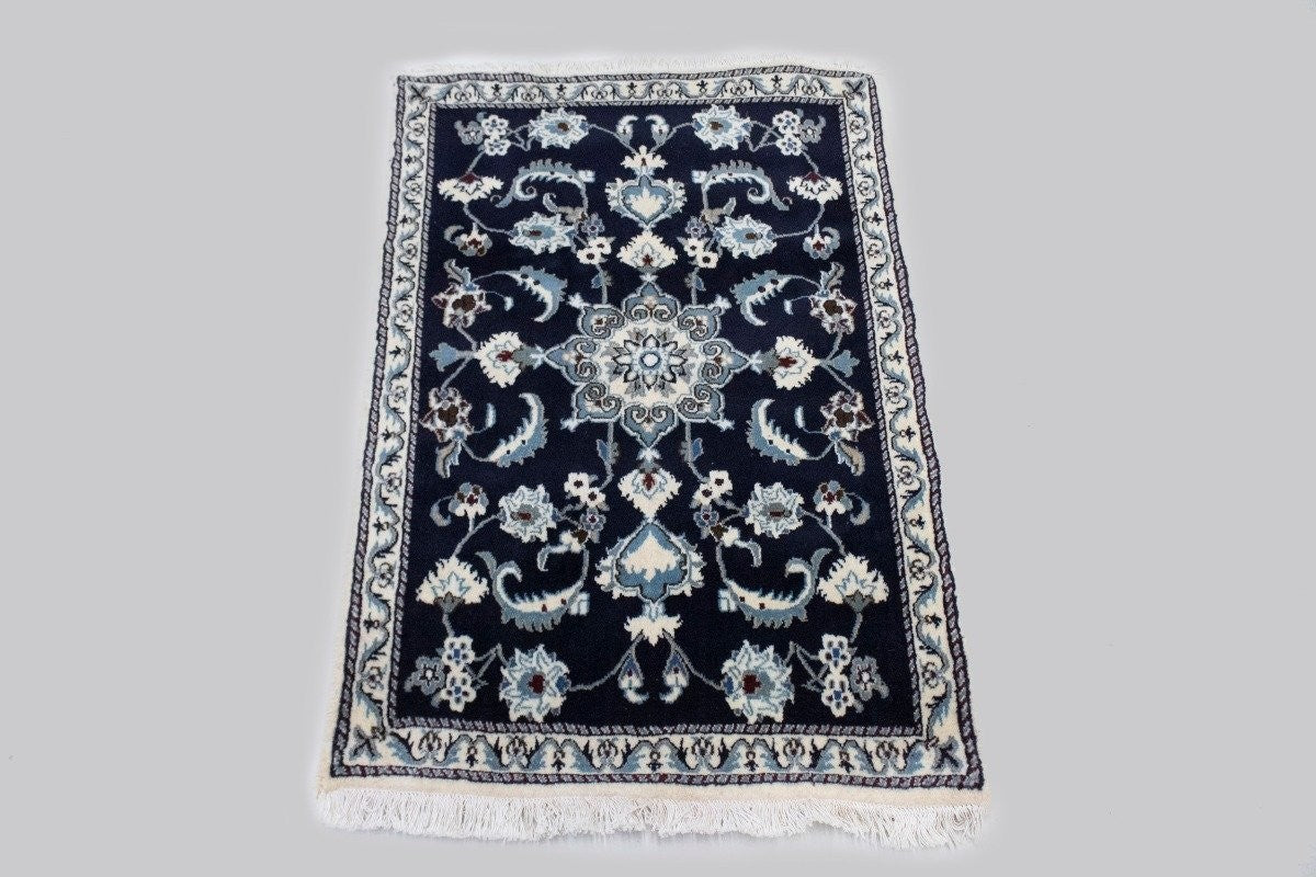Hand-Knotted Navy Blue Classic Floral Oriental Rug Small Area Carpet 2'9X4'5 ft
