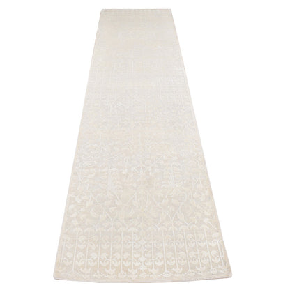 2'6"X8'3" Ivory Tone On Tone Pure Silk With Wool Hand Knotted Runner Rug