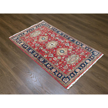 3'X5' Red Karjihooz Design Geometric Medallions Hand Knotted Wool Rug
