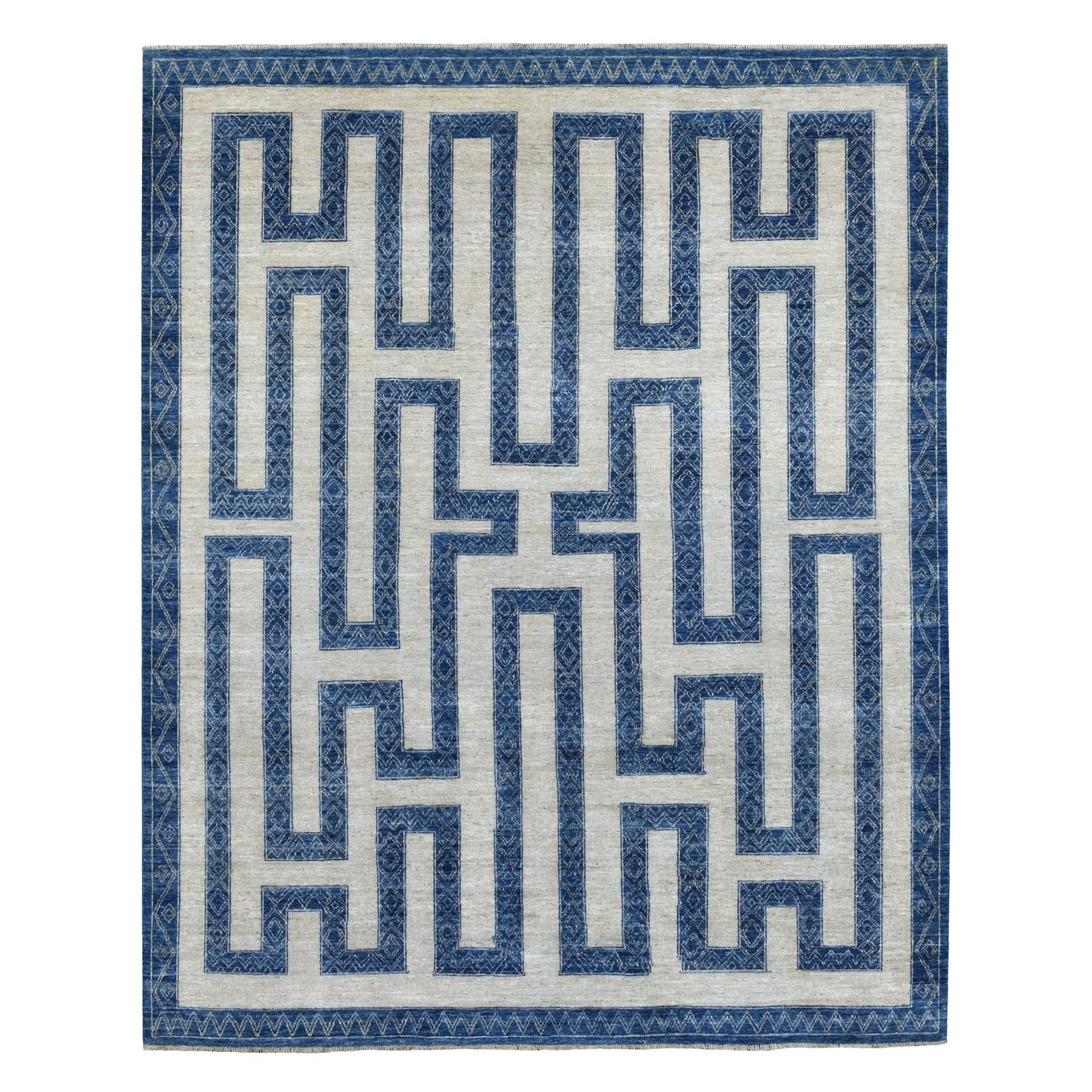 7'10"X9'9" Blue Wool Maze Design With Berber Influence Hand Knotted Rug