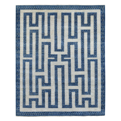 7'10"X9'9" Blue Wool Maze Design With Berber Influence Hand Knotted Rug