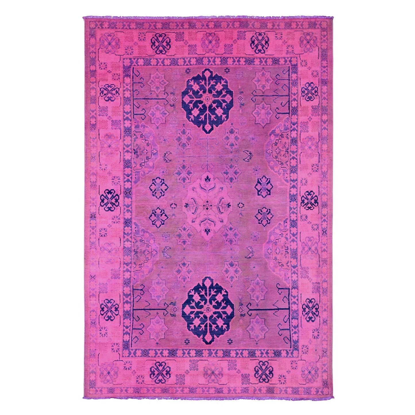 Rug 5'10"x9'1" Fuscia Pink Hand Knotted Overdyed Kazak Star Design Wool