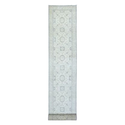 2'9"X18'9" Cream White Wash Peshawar Wool Hand Knotted Xl Runner Rug