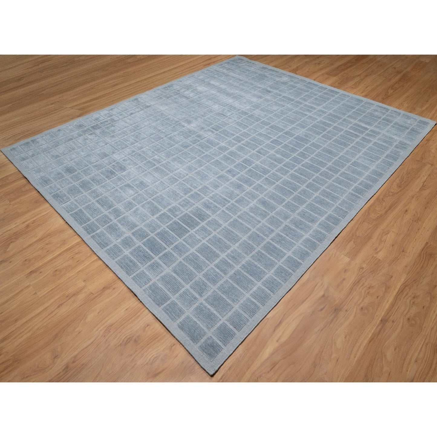 8'2"X9'10" Stone Blue Modern Erased Box Design Hand Loomed Pure Wool Rug
