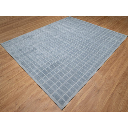8'2"X9'10" Stone Blue Modern Erased Box Design Hand Loomed Pure Wool Rug