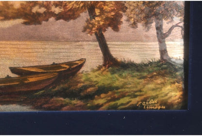 19Thc Limoges Enamel Miniature By F. Cibol  Lake Landscape Boats France