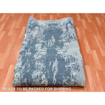 9'x9' Blue Hand Knotted Abstract Design Pure Silk and Wool Round Rug