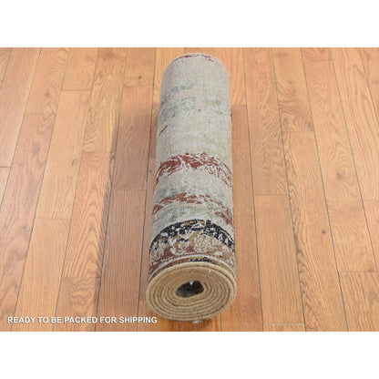 2'6"X9'10" Gray Erased Tulip Design Silk/Wool Hand Knotted Runner Rug