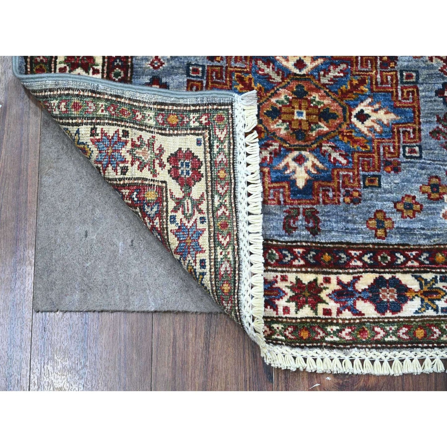 2'6"X6'2" Glaucous Gray Hand Knotted Super Kazak Motifs Wool Runner Rug