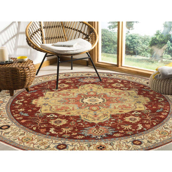10'X10' Red Hand Spun Wool Hand Knotted Antiqued Fine Heris Round Rug