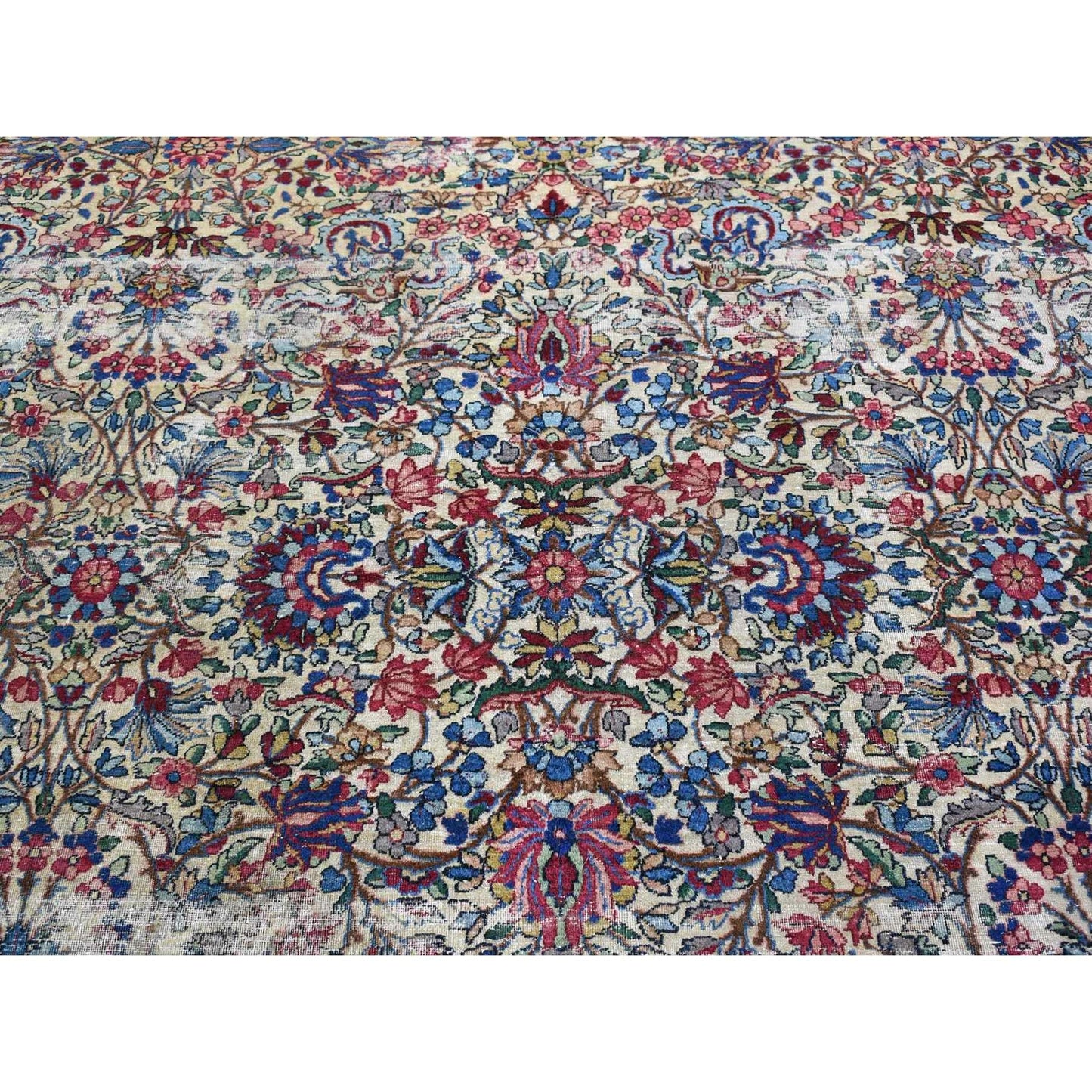 8'9"X11'3" Beige Antique Farsian Karman Distressed Hand Knotted Wool Rug