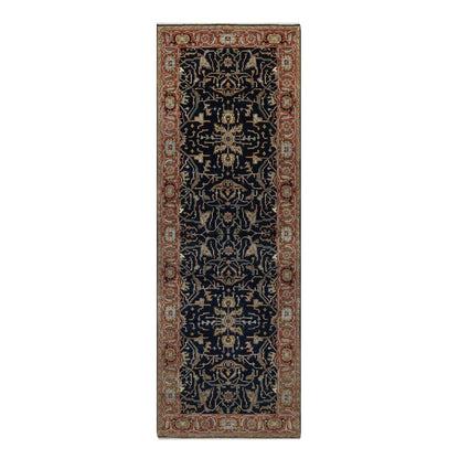 4'2"X12'2" Navy Antiqued Heris Re-Creation Hand Knotted Wool Runner Rug