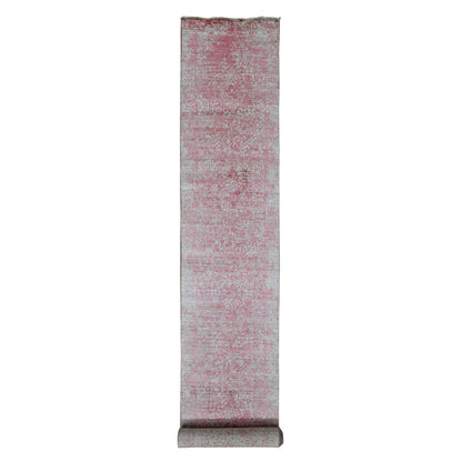 2'5"X15'7" Pink Zoroastrian Design Wool,Pure Silk Hand Knotted Runner Rug