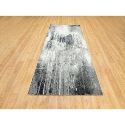 4'3"X10' Gray With Charcoal Black Hand Knotted Abstract Wool-Silk Rug