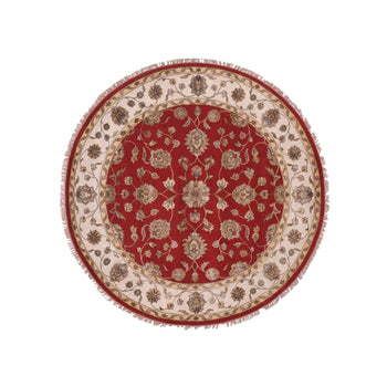 6'X6' Red Rajasthan All Over Pattern Hand Knotted Wool Silk Round Rug