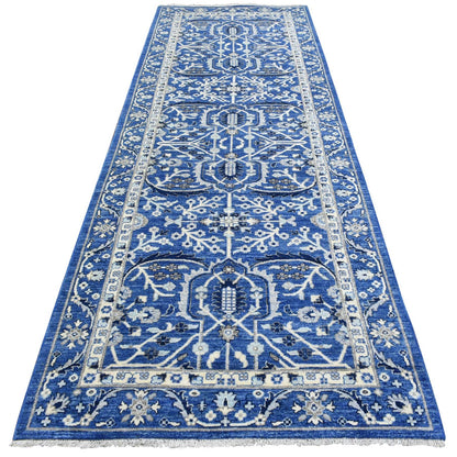 4'3"X11'9" Blue Fine Peshawar Soft Wool Hand Knotted Wide Runner Rug