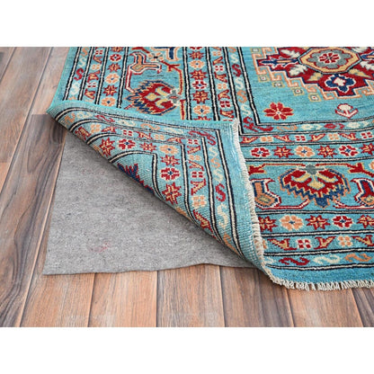 9'X12'1" Fanfare Blue Kazak Geometric Hand Knotted 100% Wool Oriental Rug