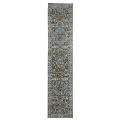 2'7"X12'1" Green Wool Rug Pre Historic Mamluk Design Hand Knotted Runner
