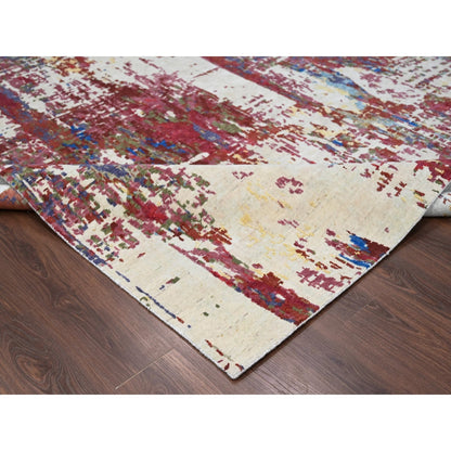 9'3"X12'2" Accessible Beige Pure Wool Abstract Design Hand Knotted Rug